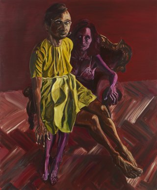 Laurent en robe jaune et Maëlle, tempera et huile sur bois, 2015