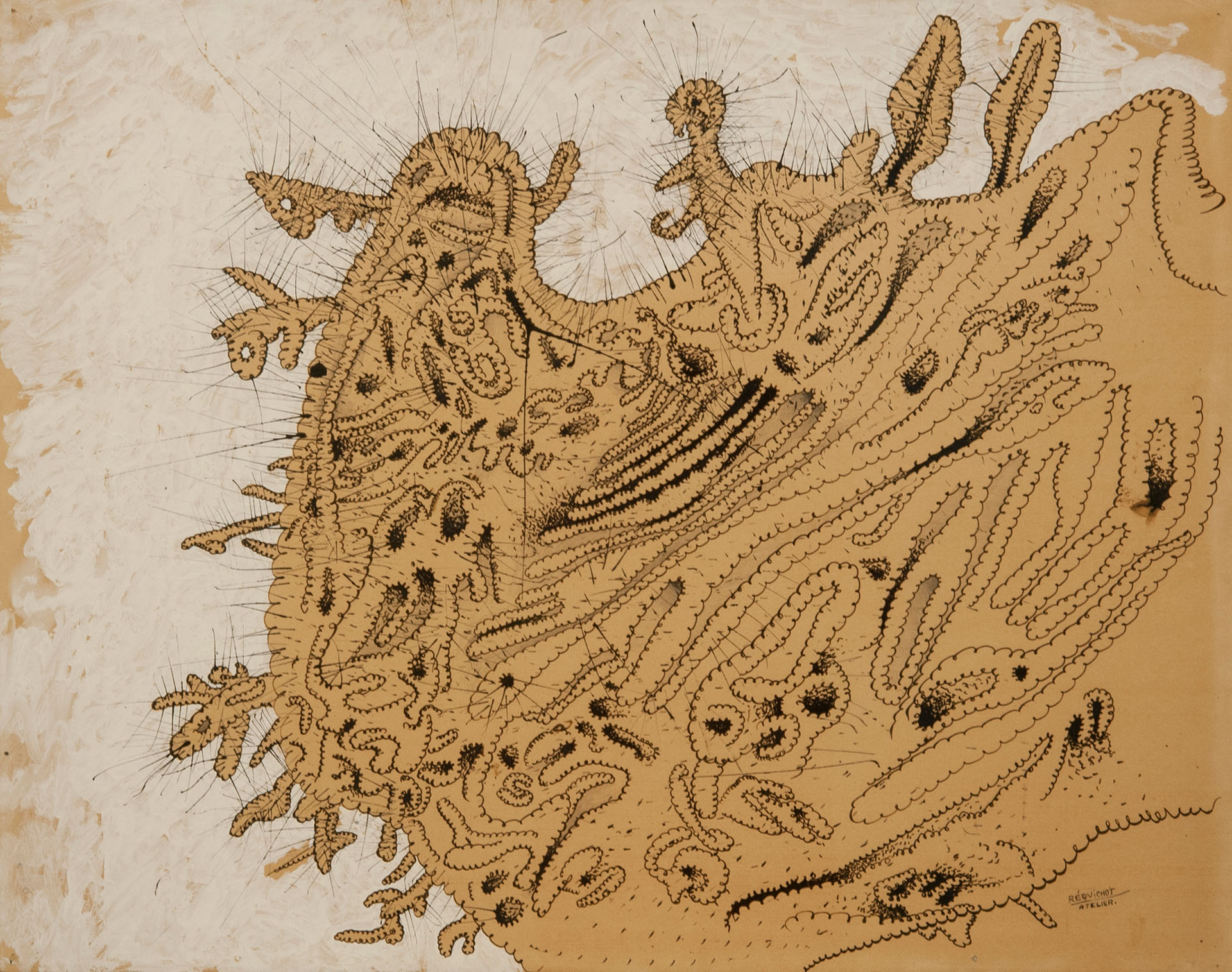 Bernard Réquichot, Sans titre, 1960, encre à la plume sur carton ocre avec rehauts de crayon et de gouache, 52 x 66 cm