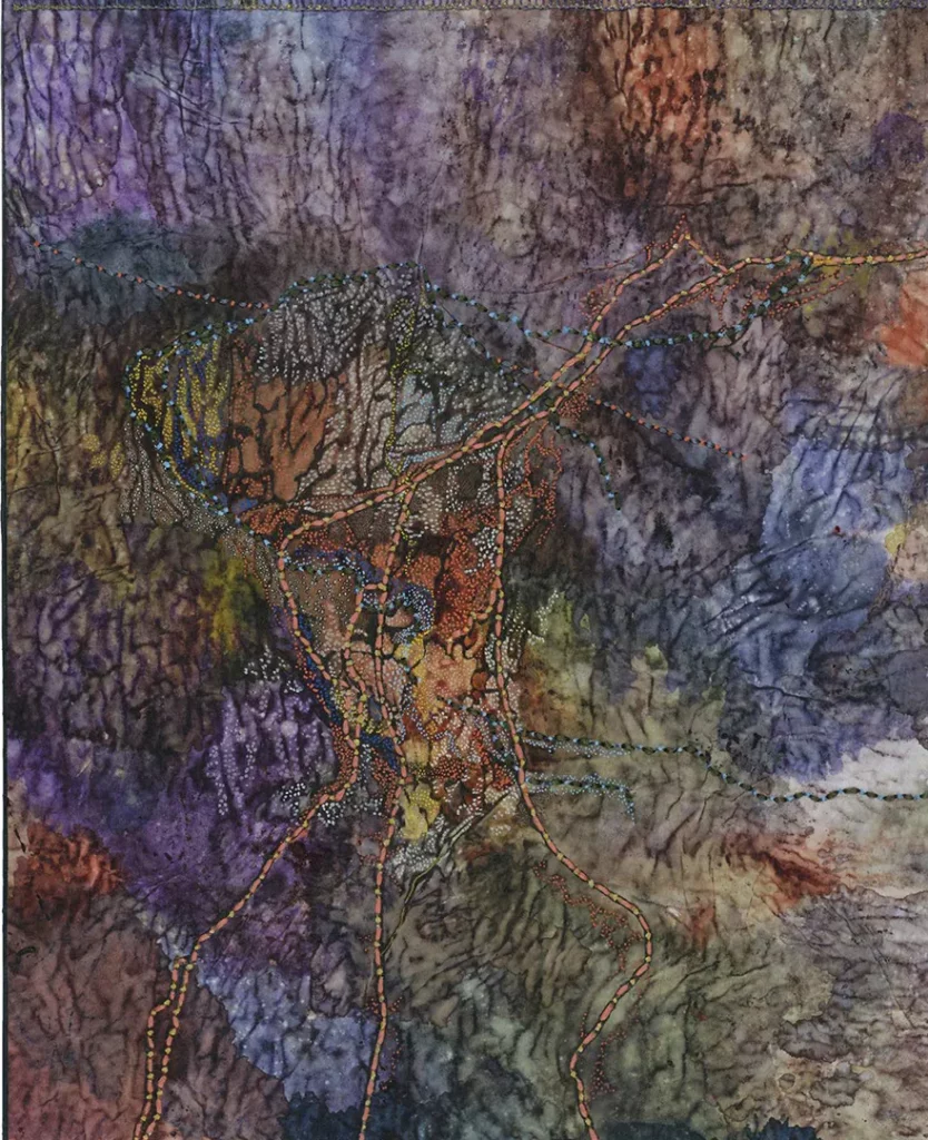 Chemins Brodés (Odyssey), Crédit photo : Galerie Qurt
série de 12, encre et broderie sur papier, 30 x 40 cm. Représentation des routes migratoires vers l’Europe de 2022 à 2023, évoluant vers l’abstraction.
