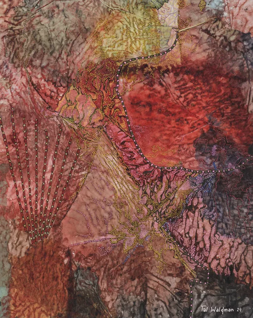Chemins Brodés (Odyssey), Crédit photo : Galerie Qurt
série de 12, encre et broderie sur papier, 30 x 40 cm. Représentation des routes migratoires vers l’Europe de 2022 à 2023, évoluant vers l’abstraction.